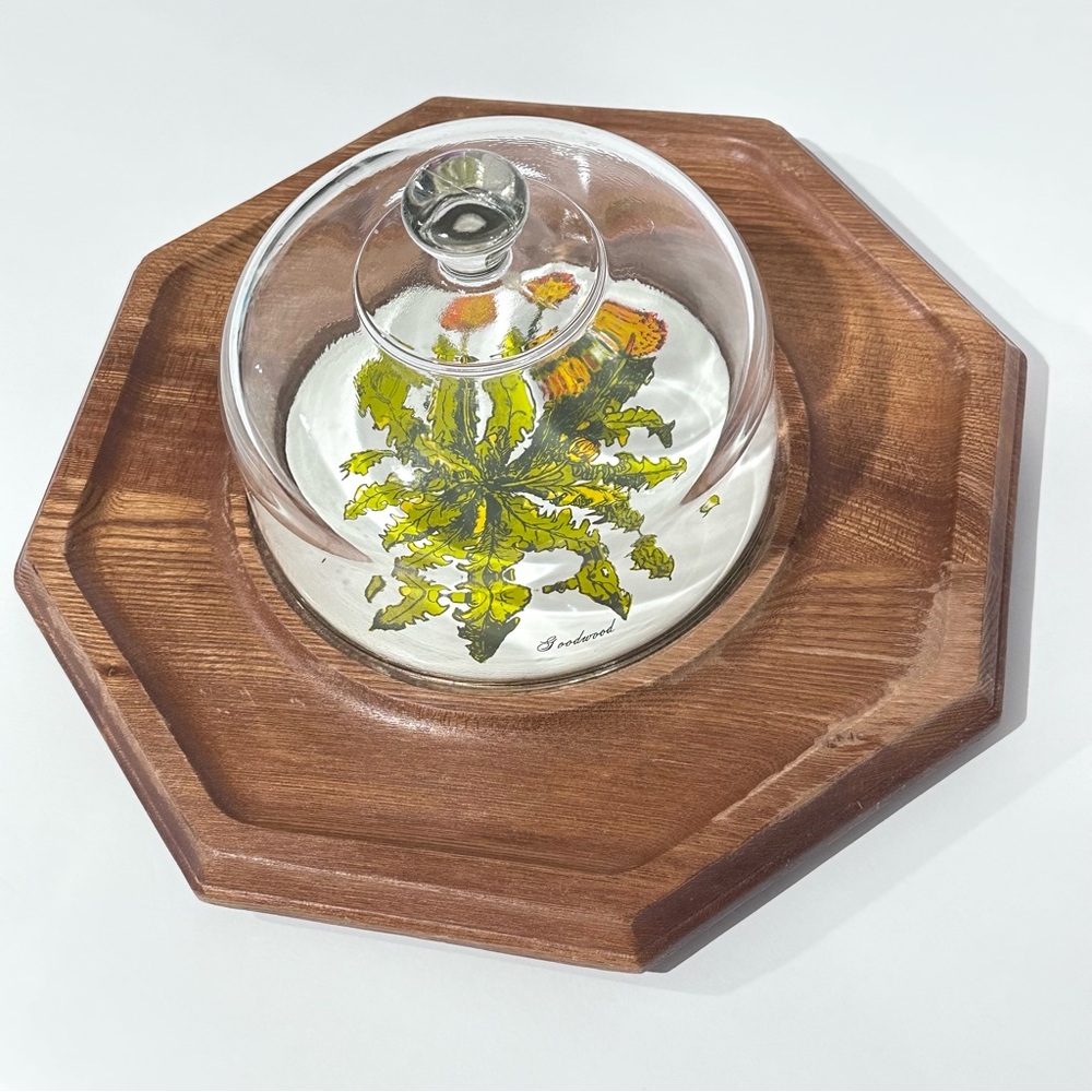 Vintage Goodwood Hexagon Wood Serving Tray & Glass Dome over Dandelion Plate